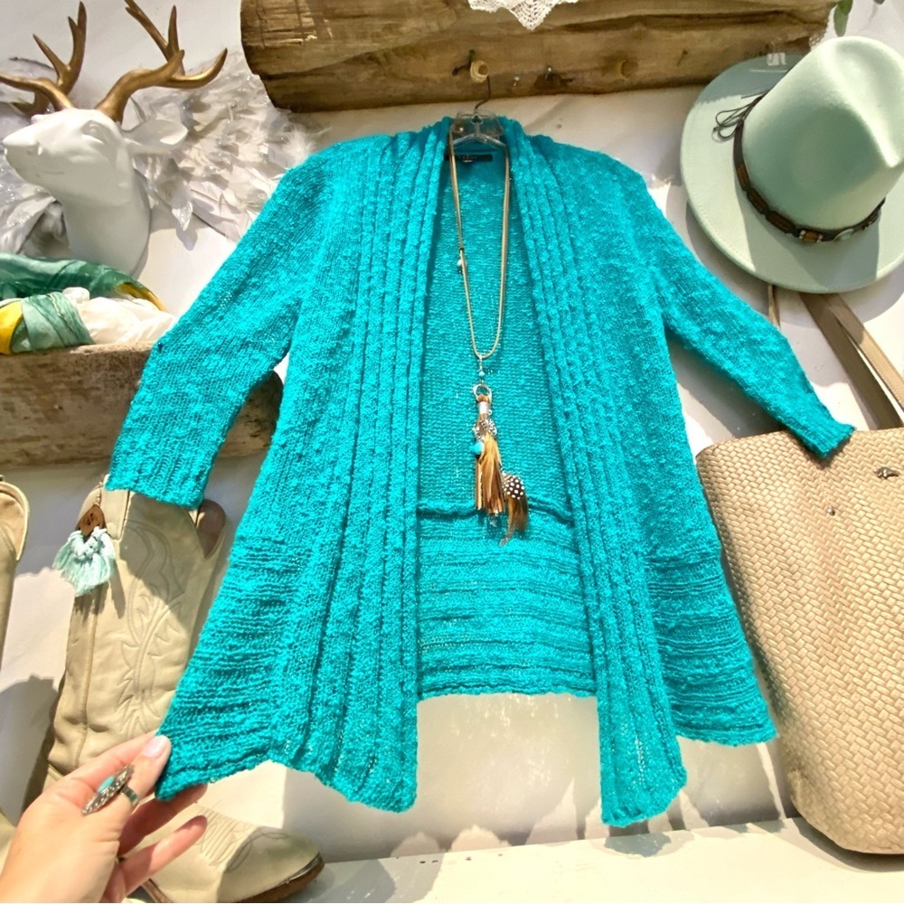 Aqua boho knit cardigan sweater w resort vacay beach vibe